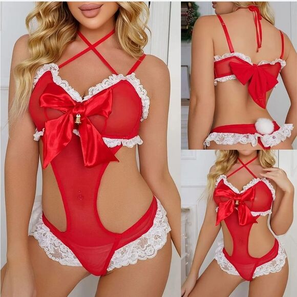 Christmas Bodysuit for Women One Piece Teddy Lingerie with Cute Bow and Bells US - Picture 2 of 9